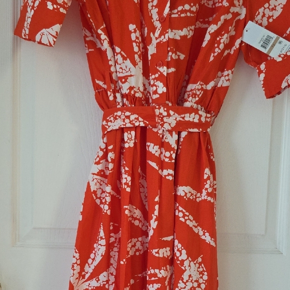 DKNY Darker Orange and White Midi Dress With Tie Lightweight 3 Button New - Picture 9 of 14
